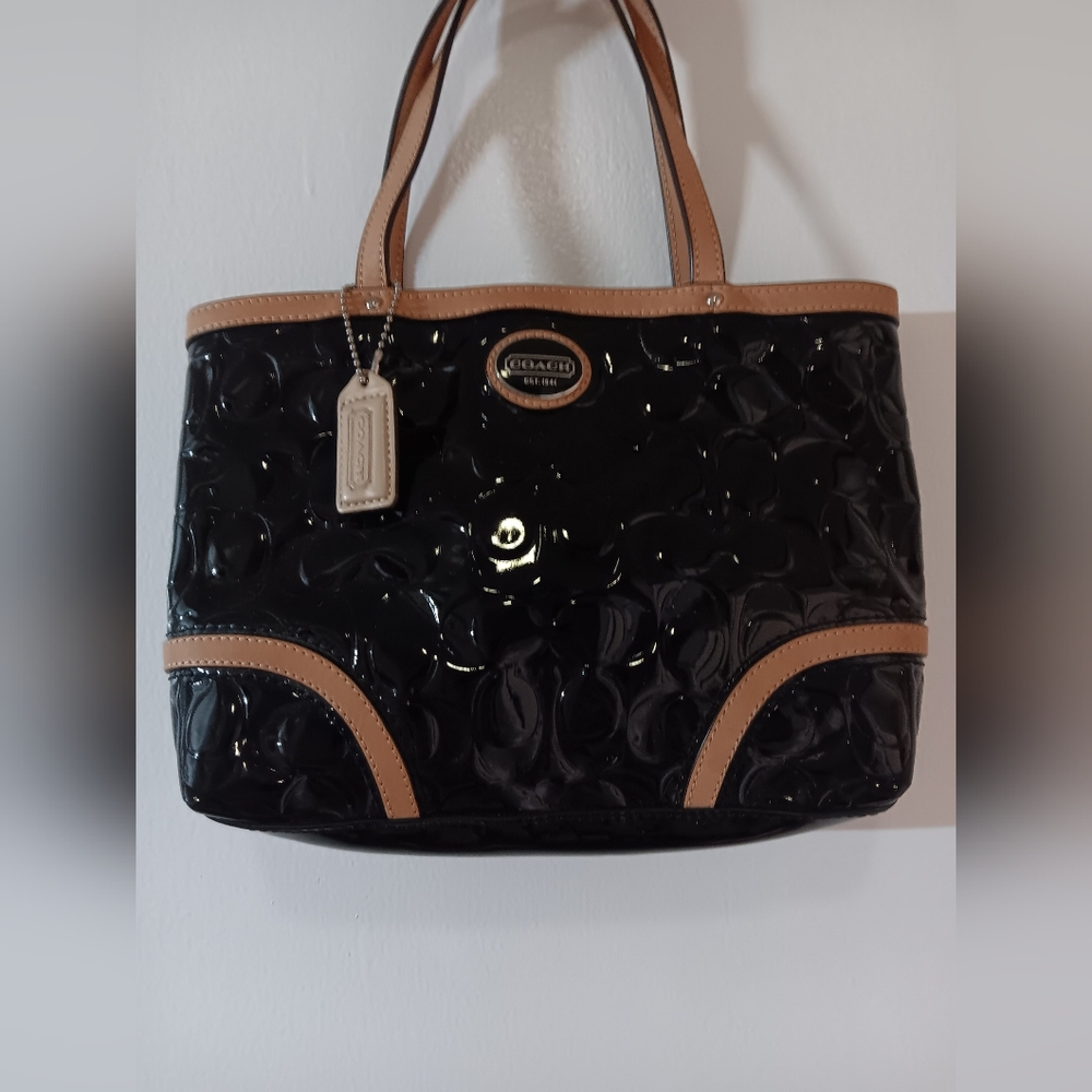 Coach Glossy Black and Tan Tote Bag